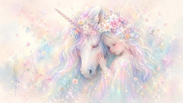 Unicorn and girl in dreamlike embrace