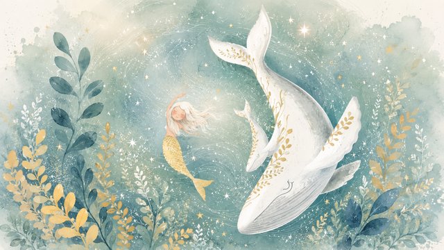 Whale and mermaid in a sparkling sea