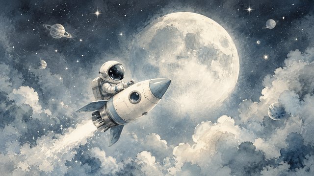 Whimsical astronaut in dreamy space flight