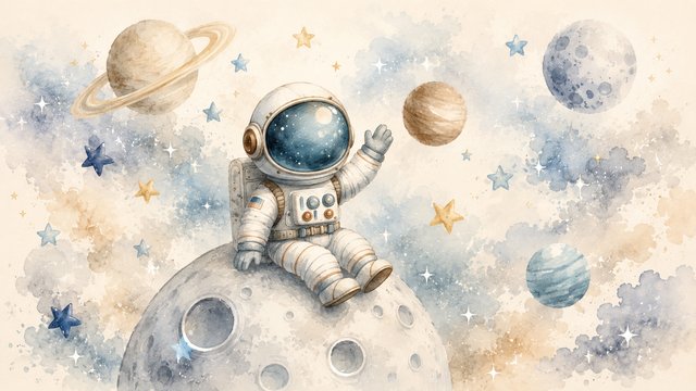 Whimsical astronaut in pastel space