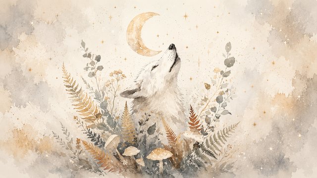 Whimsical wolf under the crescent moon