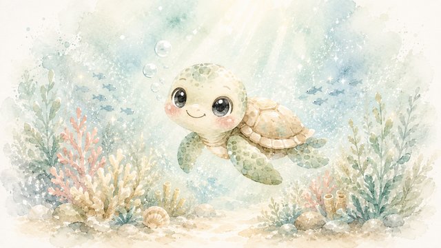 Baby turtle in a magical reef