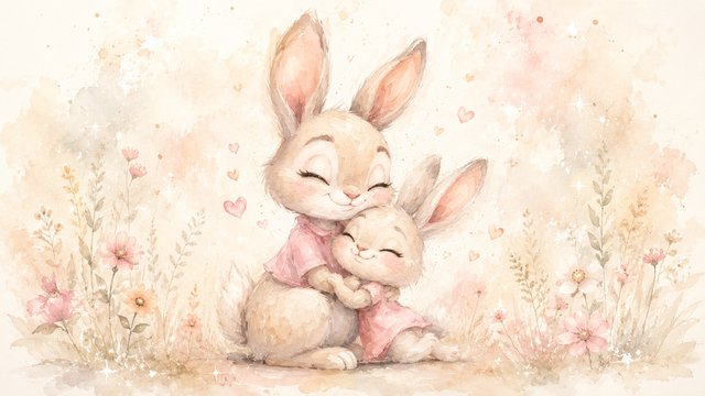 Bunny cuddle in a pastel meadow