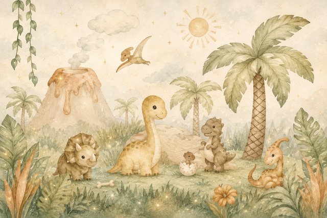 Cute dinosaurs in a dreamlike jungle