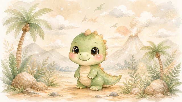 Dreamy baby dinosaur in lush jungle