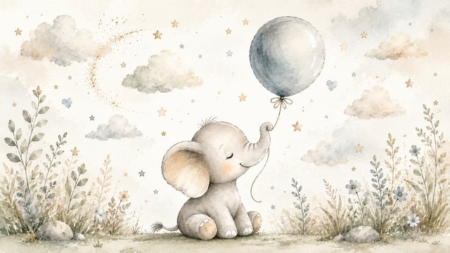 Dreamy elephant with balloon under stars