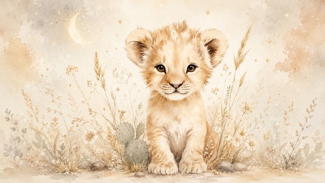 Dreamy lion cub in a magical meadow