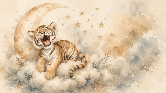 Dreamy tiger cub in moonlit clouds