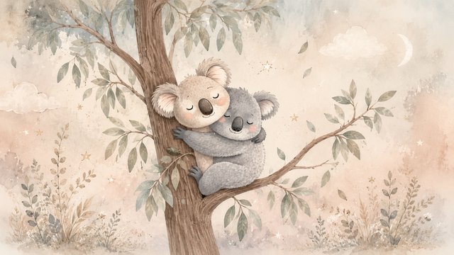 Gentle koala cuddle under a pastel sky