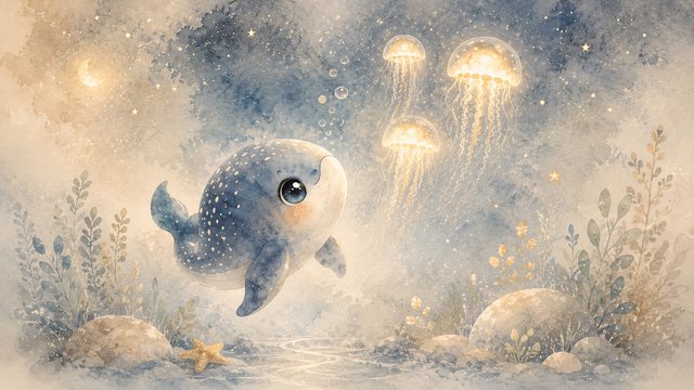 Gentle whale and glowing jellyfish dream