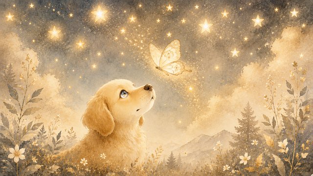 Golden puppy under a starry sky