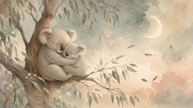 Koalas resting under a starry sky