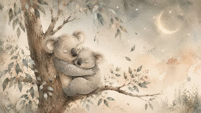 Koalas sleeping under a dreamy sky