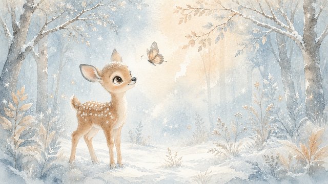 Magical winter fawn and butterfly