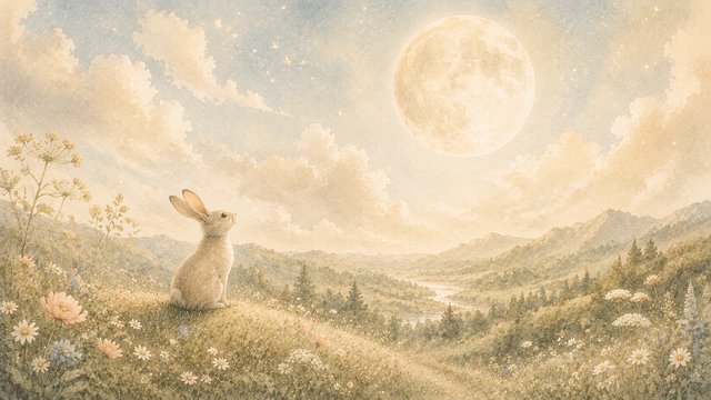 Moonlit meadow with a curious bunny