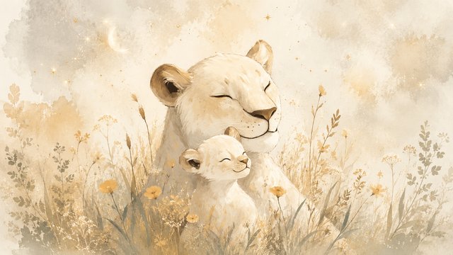 Moonlit meadow with lioness and cub