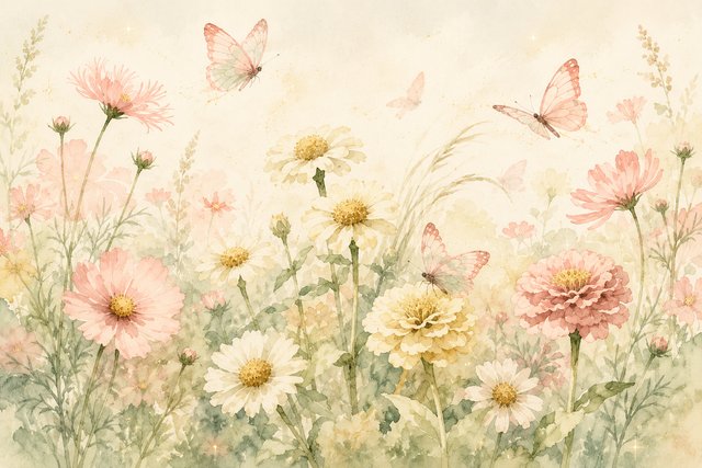 Pastel wildflower meadow with butterflies
