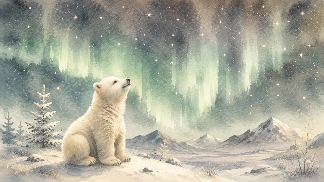 Polar bear cub under northern lights