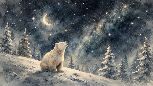 Polar bear under starry skies