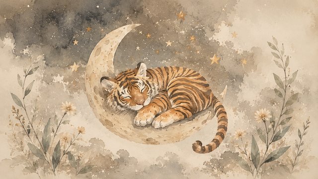 Sleeping tiger on a crescent moon