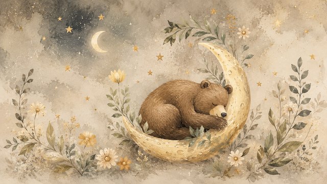 Sleepy bear on moonlit dreamscape