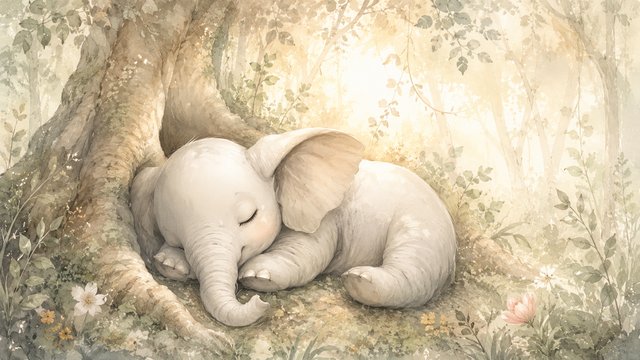 Sleepy elephant in an enchanted glade