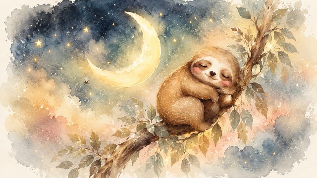 Sleepy sloth under the crescent moon