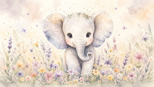 Soft meadow with a baby elephant
