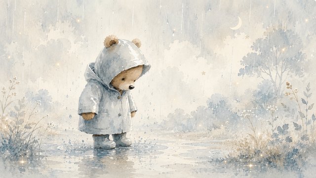 Teddy bear in a rainy dreamscape