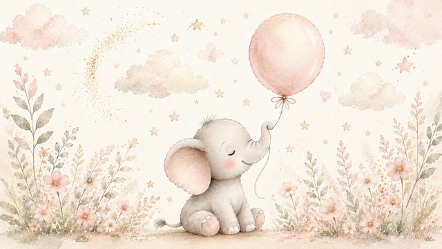 Whimsical baby elephant and balloon