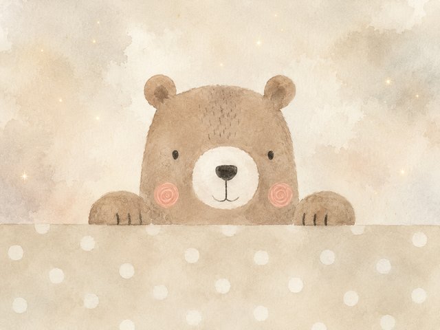 Whimsical bear peeking in pastel dreamscape