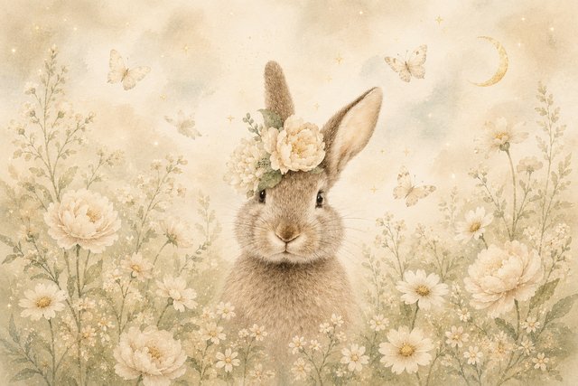Whimsical bunny in a fairy meadow