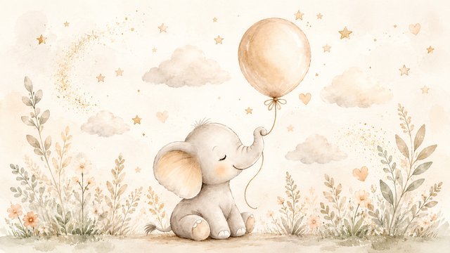 Whimsical elephant with balloon in meadow