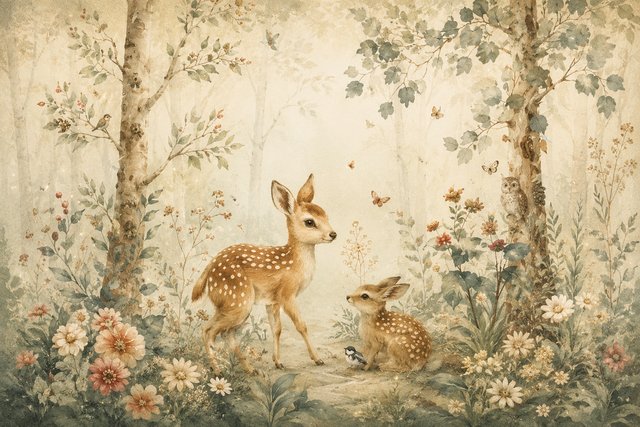 Whimsical forest glade with fawns