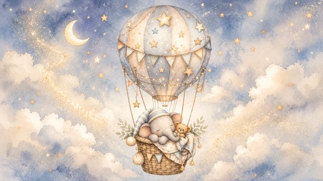 Whimsical night sky with hot air balloon
