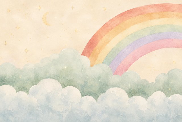 Whimsical watercolor sky with rainbow