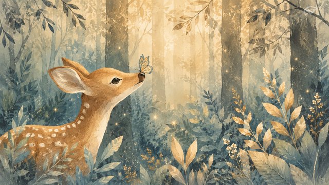 Whimsical woodland dream with fawn and butterfly