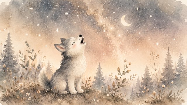 Wolf pup howling under a starry sky