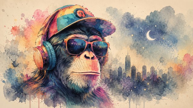 Cool chimp with headphones and stars