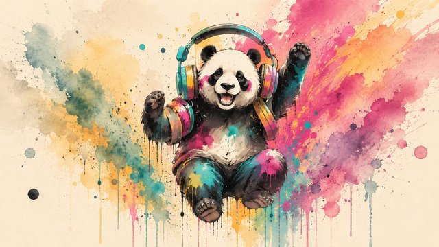 Dancing panda in a splash of colors