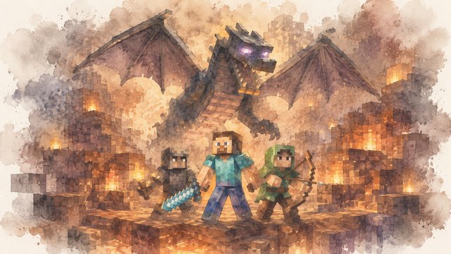 Heroes facing the dragon in the depths