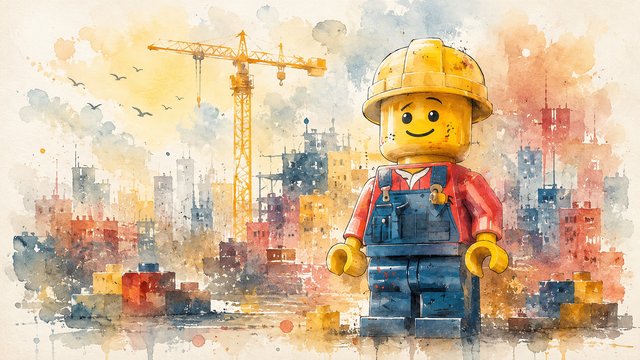 Playful construction worker in dreamy cityscape