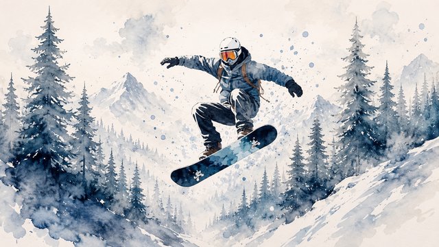 Snowboarder soaring through misty forest