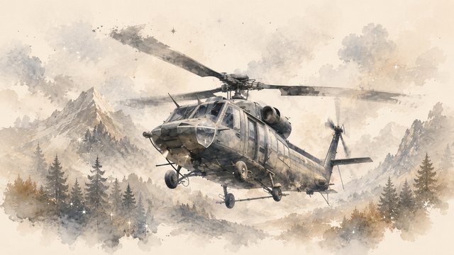 Helicopter over misty mountain landscape