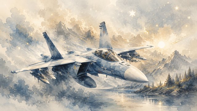 Jet over misty mountains and water
