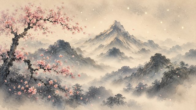 Mist and blossoms over mountain ridges