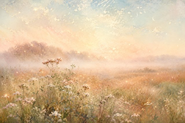 Misty meadow at sunrise