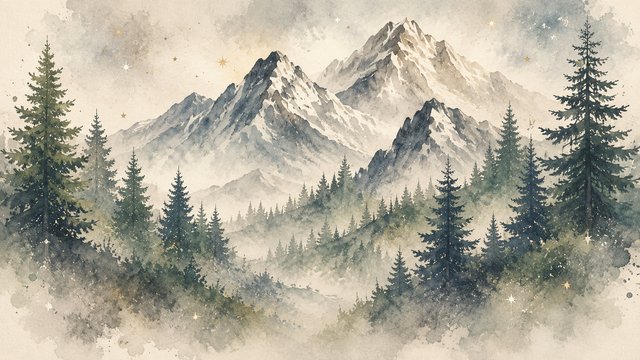 Misty mountain landscape with starry sky
