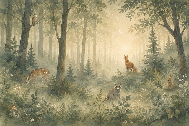 Misty woodland dreams with gentle creatures