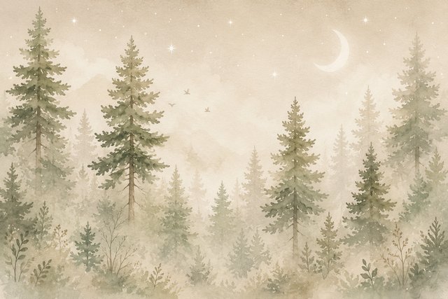 Misty woodland dreamscape with moonlight